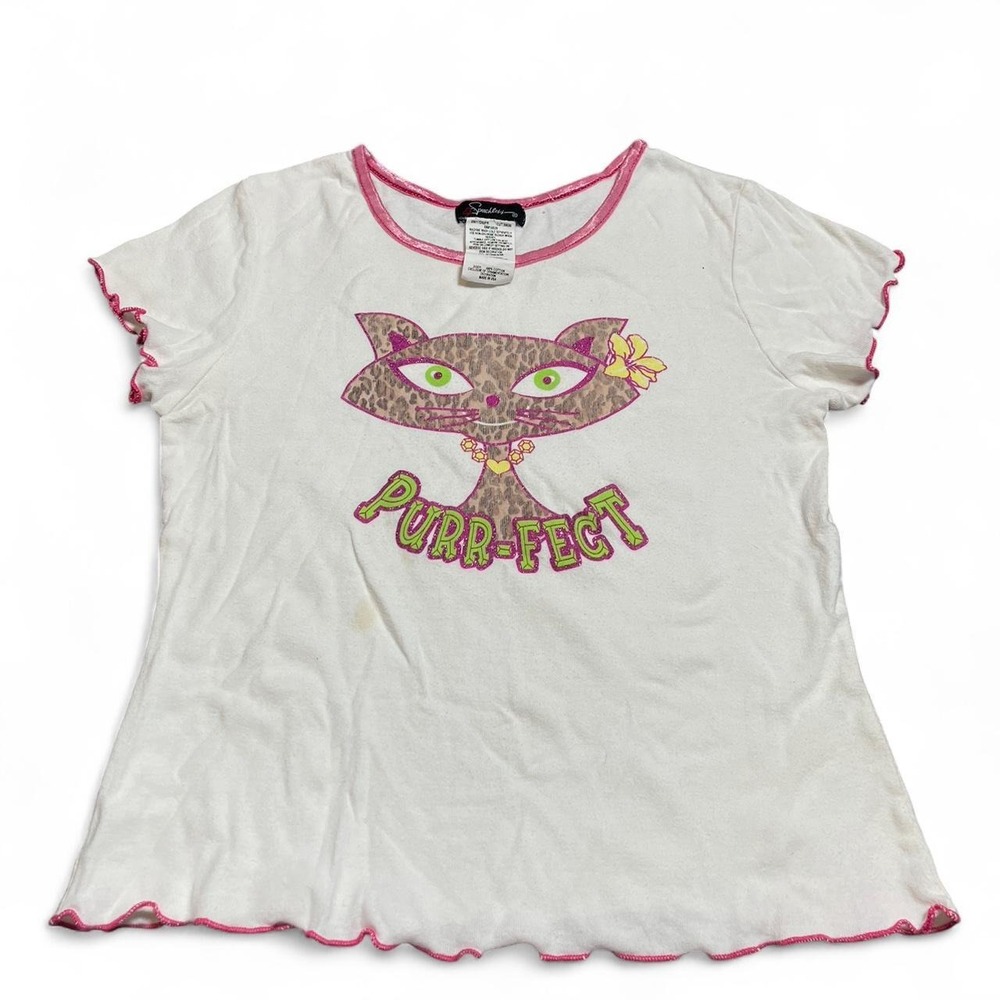 y2k 2000s purr-fect white and pink Speechless cat graphic baby tee